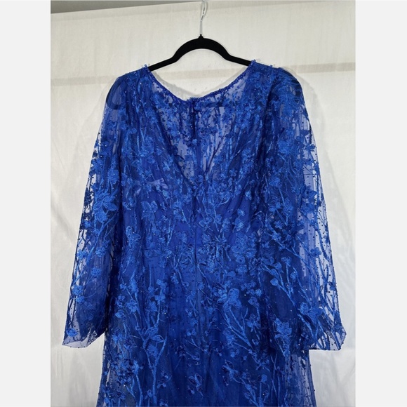 NWT $798 Mac Duggal [ 16 ] V Neck Mesh Puff Sleeve A Line Embellished Dress Blue - Picture 15 of 16